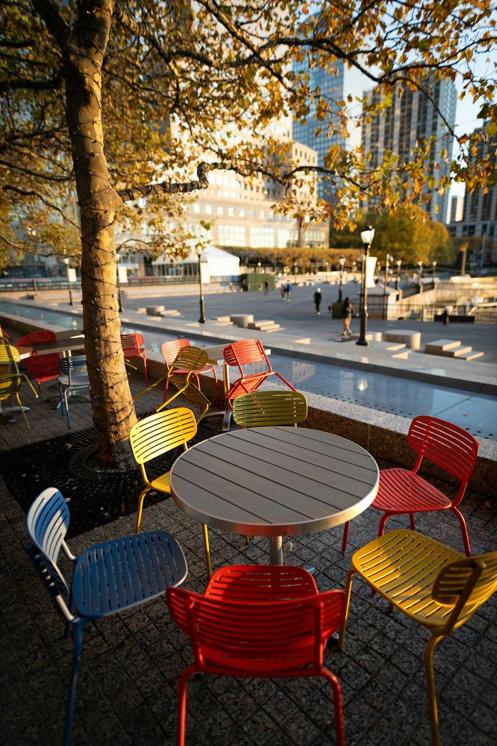 Una hilera de sillas de colores sentadas junto a un árbol