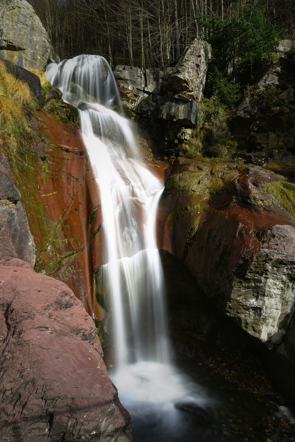 a small waterfall in the middle of a forest