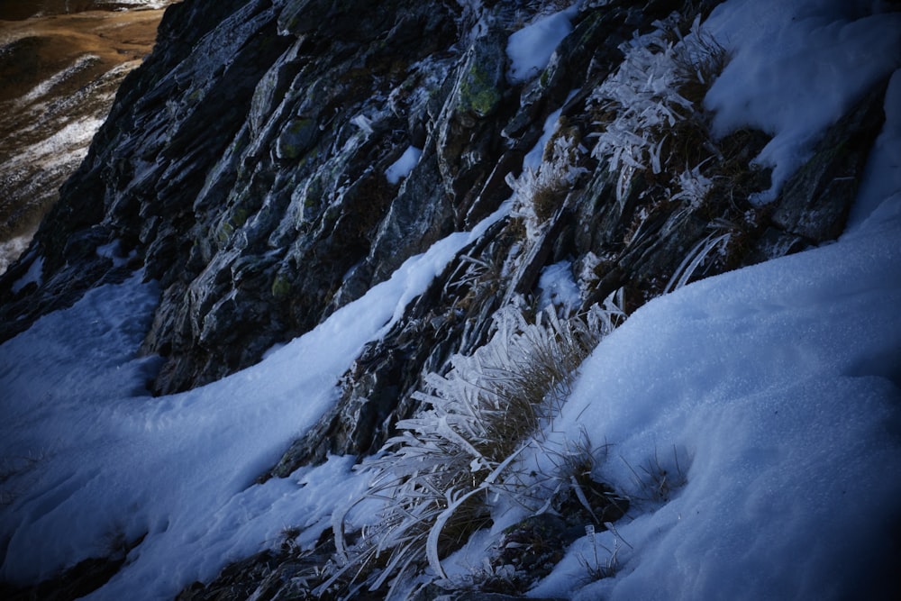 a mountain side covered in snow and ice