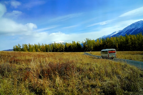 A spacious 15-passenger van cruising along a Montana highway with mountains in the background.