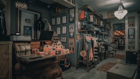 A vintage store interior filled with retro items and decor. The left side features a wooden chest with merchandise and papers on top. The back wall has numerous framed certificates and posters, alongside vintage TV sets and other appliances on shelves. Clothes are displayed on a wooden rack, and there are chairs and tables in the background leading to a dining area. The room is lit by a chandelier, creating a nostalgic atmosphere.