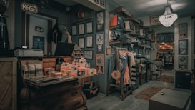 A vintage store interior filled with retro items and decor. The left side features a wooden chest with merchandise and papers on top. The back wall has numerous framed certificates and posters, alongside vintage TV sets and other appliances on shelves. Clothes are displayed on a wooden rack, and there are chairs and tables in the background leading to a dining area. The room is lit by a chandelier, creating a nostalgic atmosphere.