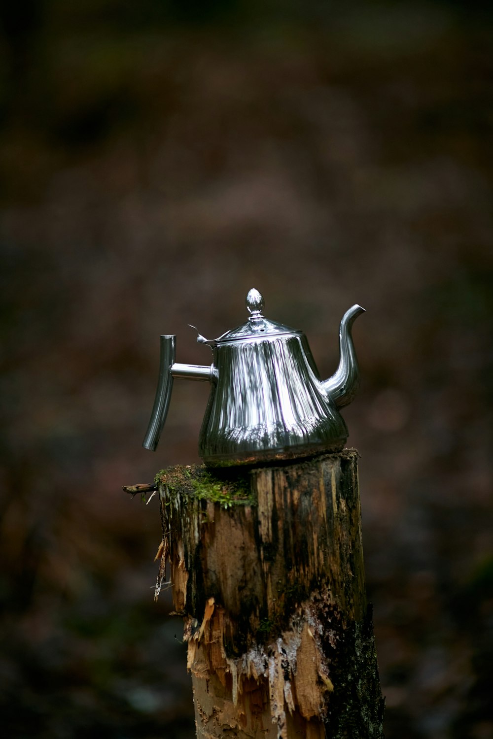 a metal tea pot sitting on top of a tree stump