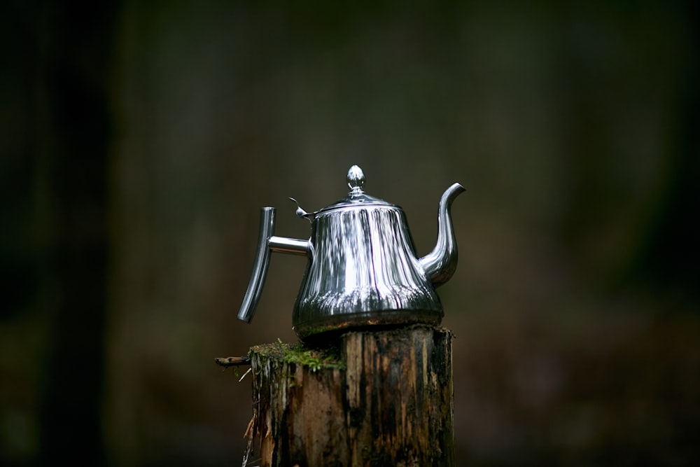 a metal tea pot sitting on top of a tree stump