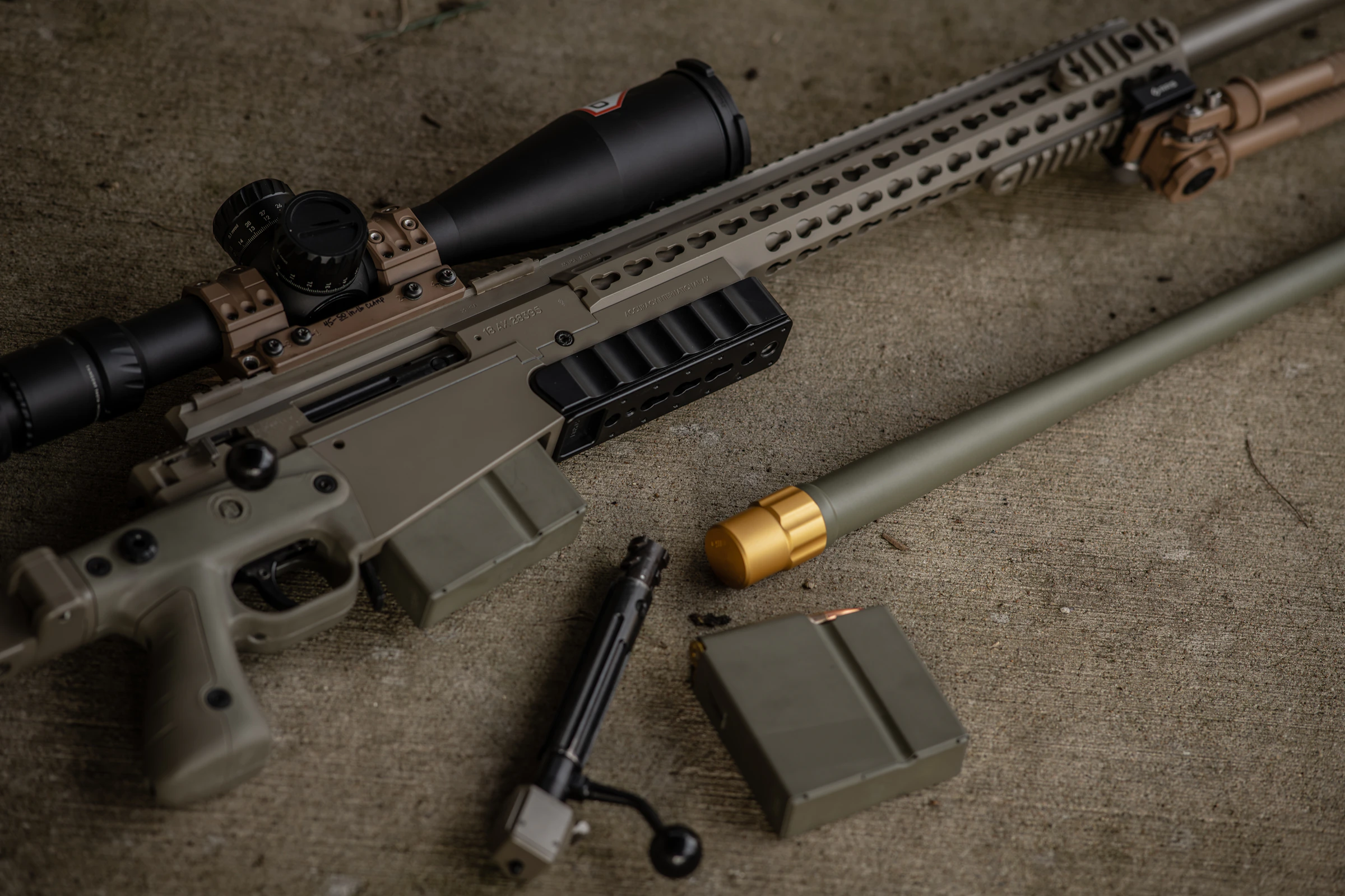 Custom tactical firearm on workbench