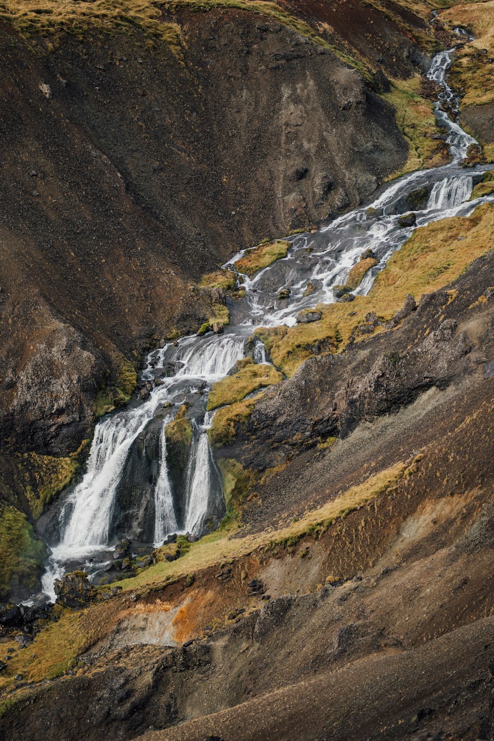 a stream of water running through a lush green hillside