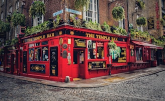 A traditional Irish pub with a bright red exterior, adorned with various signs and advertisements. Hanging plants are draped across the facade, adding greenery to the scene. The cobbled street adds to the quaint and historic ambiance, and the windows display an array of posters and decorative elements.