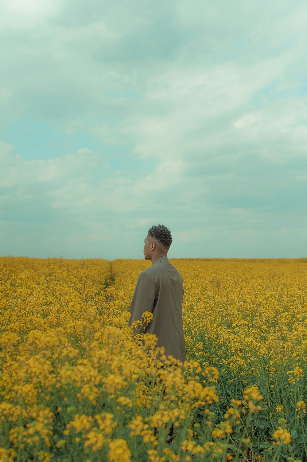 um homem de pé em um campo de flores amarelas