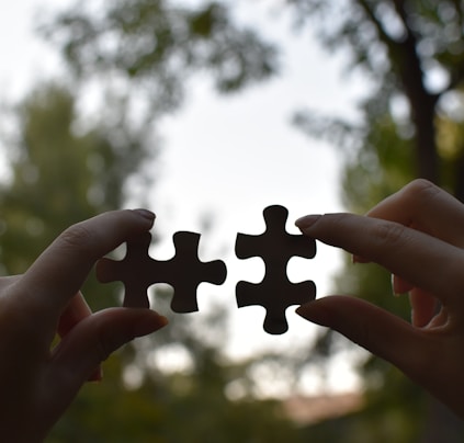 a person holding two pieces of a puzzle