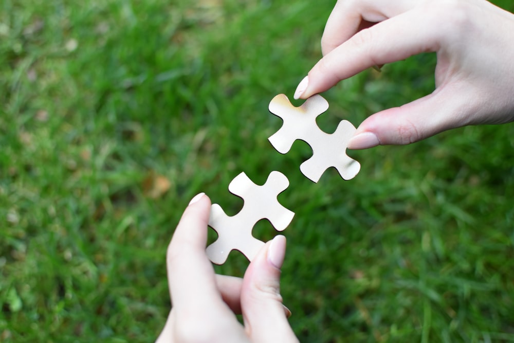 a person holding a piece of a puzzle in their hands