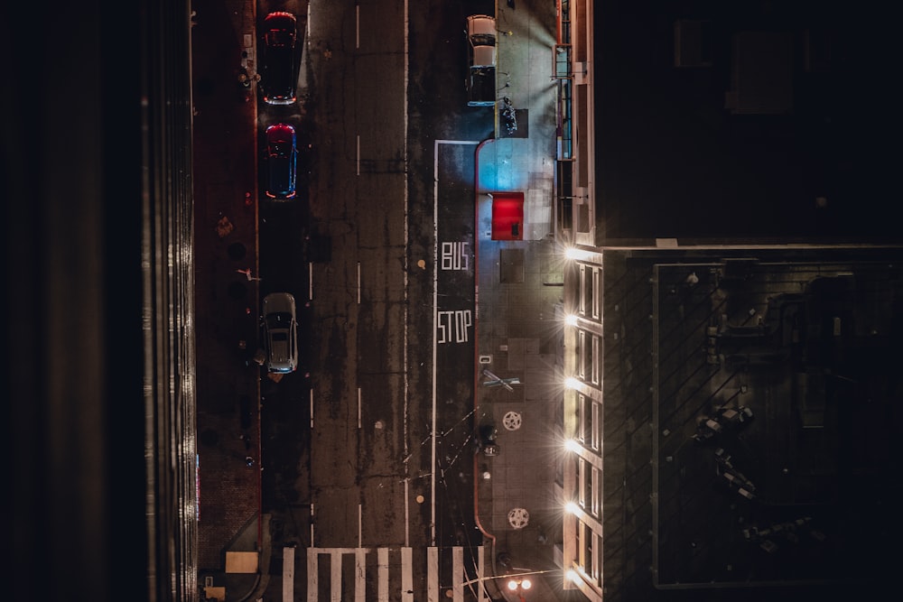 an overhead view of a city street at night