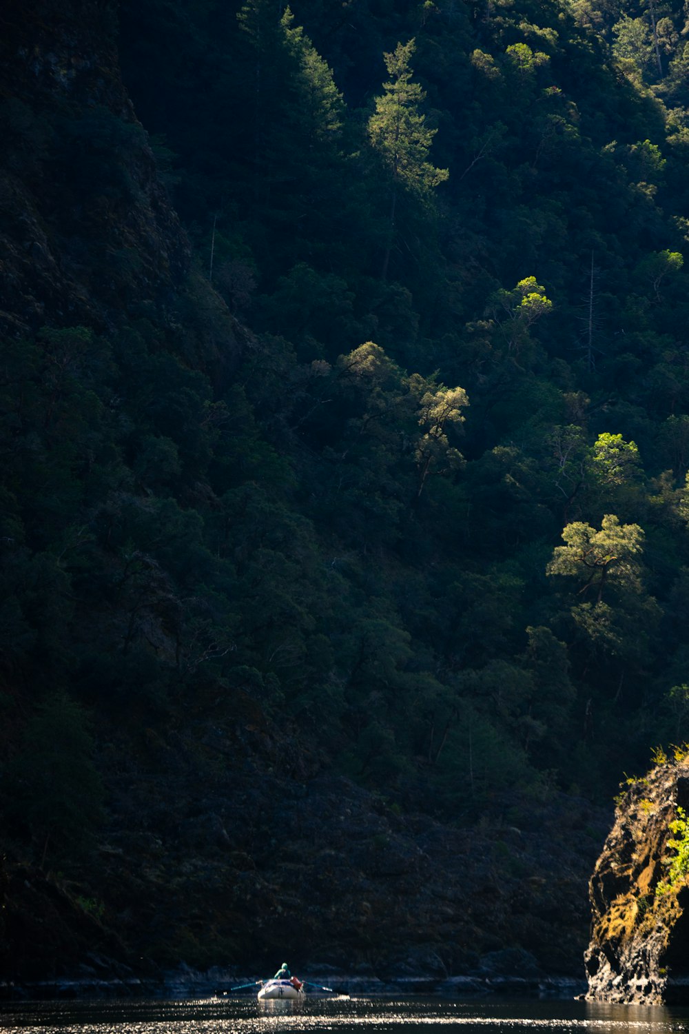 a boat traveling down a river next to a lush green hillside