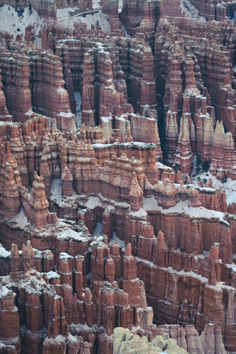 Un gran grupo de formaciones rocosas cubiertas de nieve