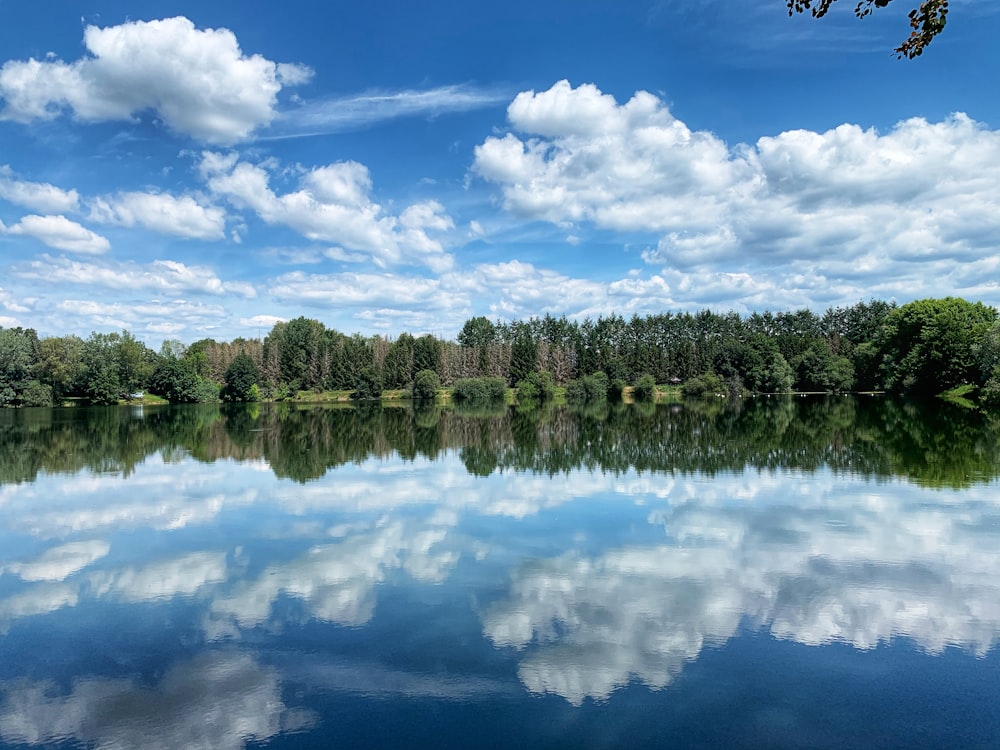 a body of water surrounded by trees and clouds