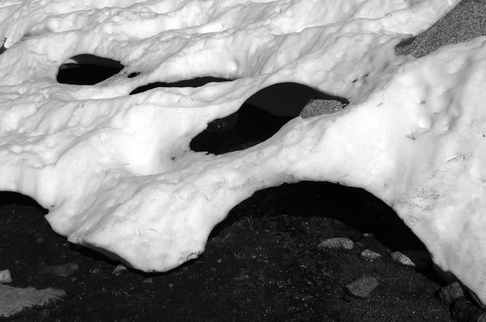 Une photo en noir et blanc de neige au sol