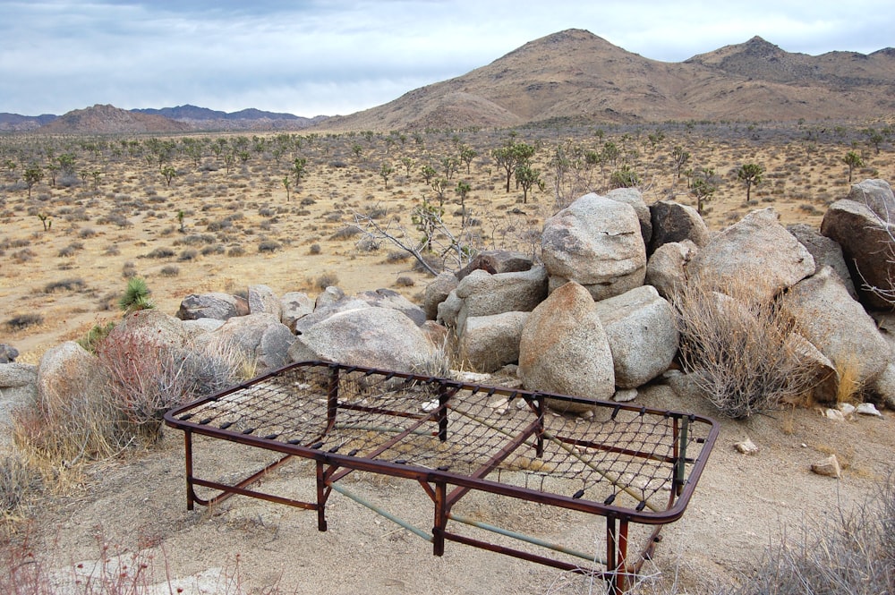 a metal bed frame sitting in the middle of a desert