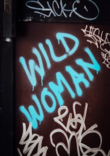 The image features graffiti artwork on a dark wall, with the prominent phrase 'WILD WOMAN' painted in bright blue letters. Surrounding the words, there are additional smaller graffiti tags and scribbles in white, filling the space with artistic strokes and shapes.