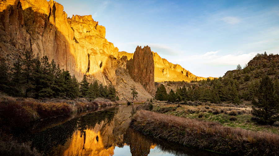 Smith Rock glowing gold above the river