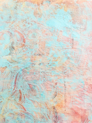 An abstract painting with swirling textures and layers of color, predominantly featuring light blue, peach, and pink tones. The brushstrokes create a sense of movement and depth, with hints of textured patterns resembling waves or clouds.