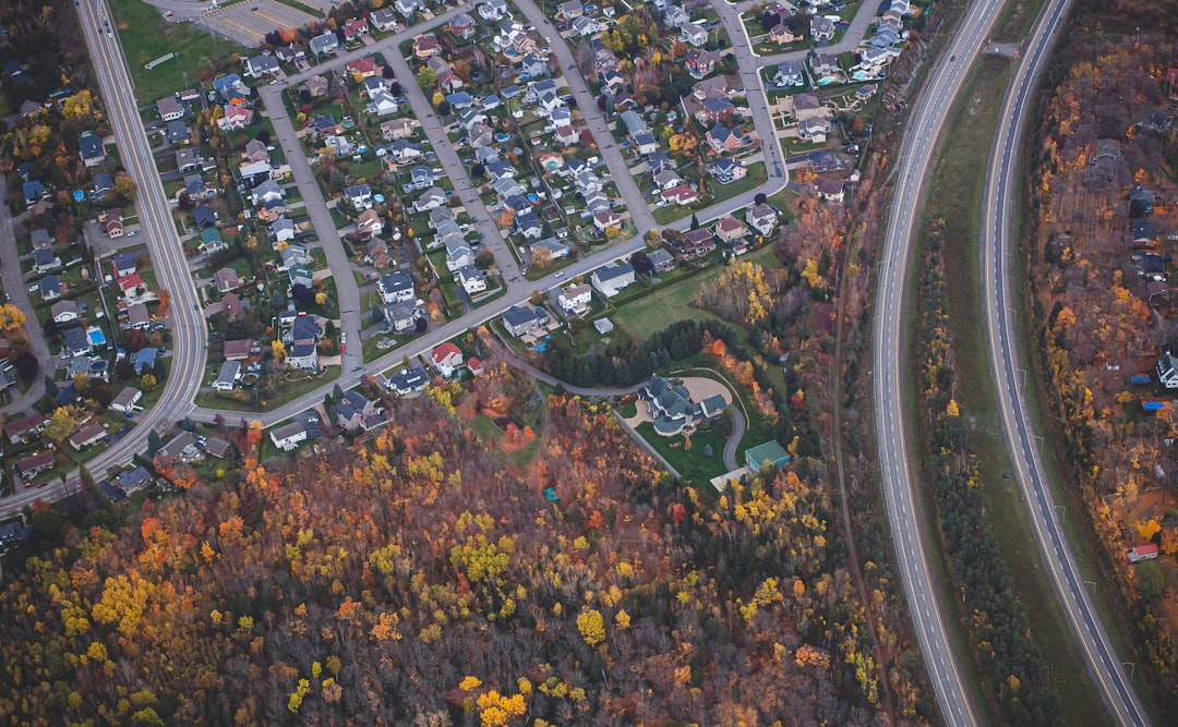 an aerial view of a city with lots of trees,