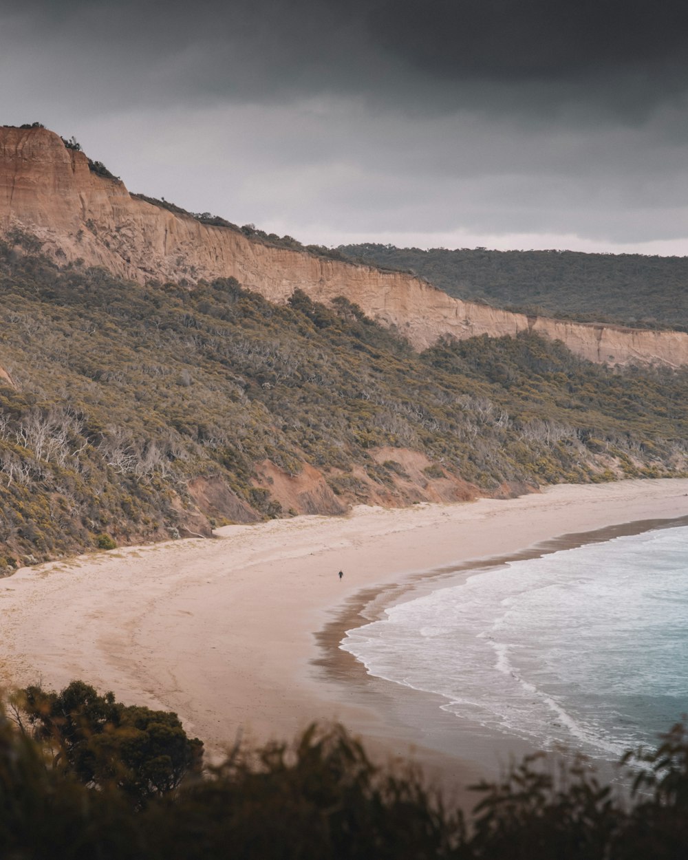 a beach with a mountain in the background