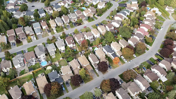 Aerial view of houses in a residential neighborhood, the kind of Logan Township, PA setting bordering Altoona