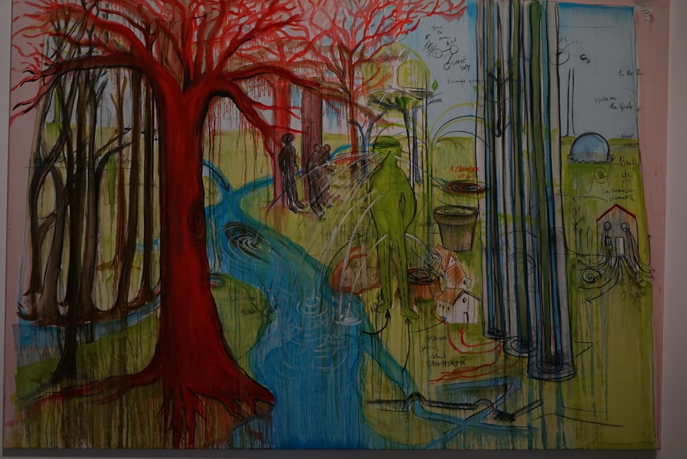 a painting of a red tree in a forest