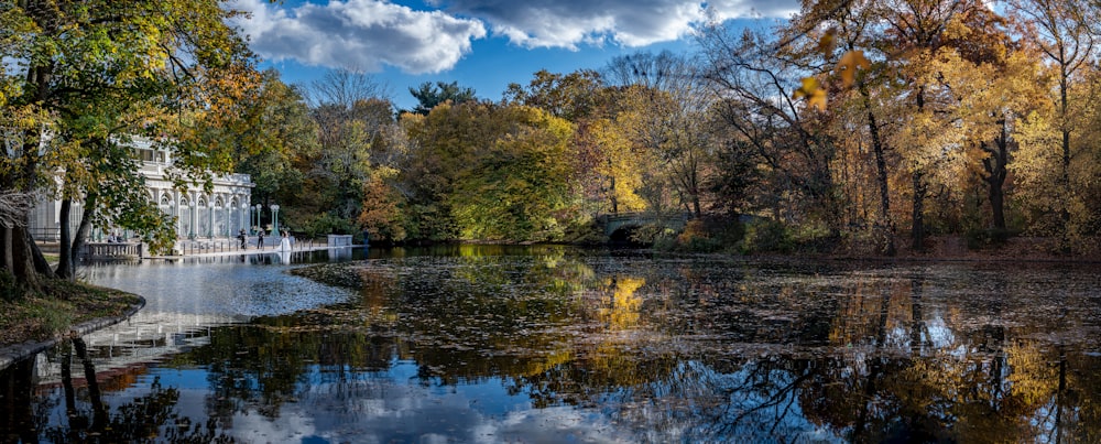 a lake surrounded by trees with a bridge in the background