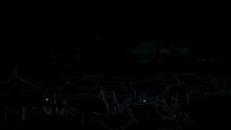 A scenic view of traditional Asian architecture with intricately designed rooftops illuminated by vibrant lights. The scene is set at night, highlighting the glowing outlines that accentuate the ornate structures under the dark sky.