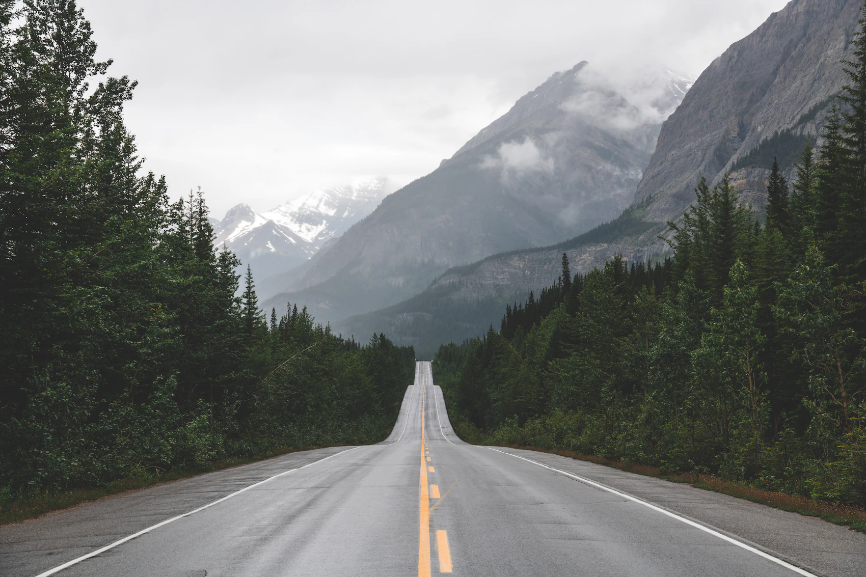 The Icefields Parkway running towards the mountains near Jasper