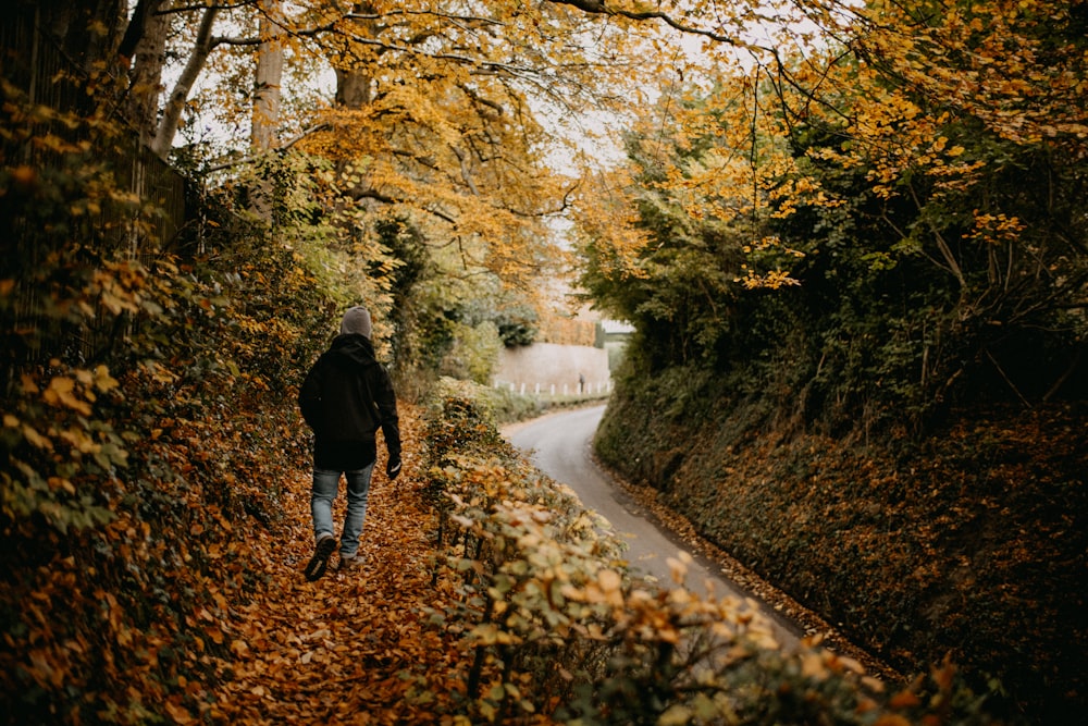 a person walking down a leaf covered road