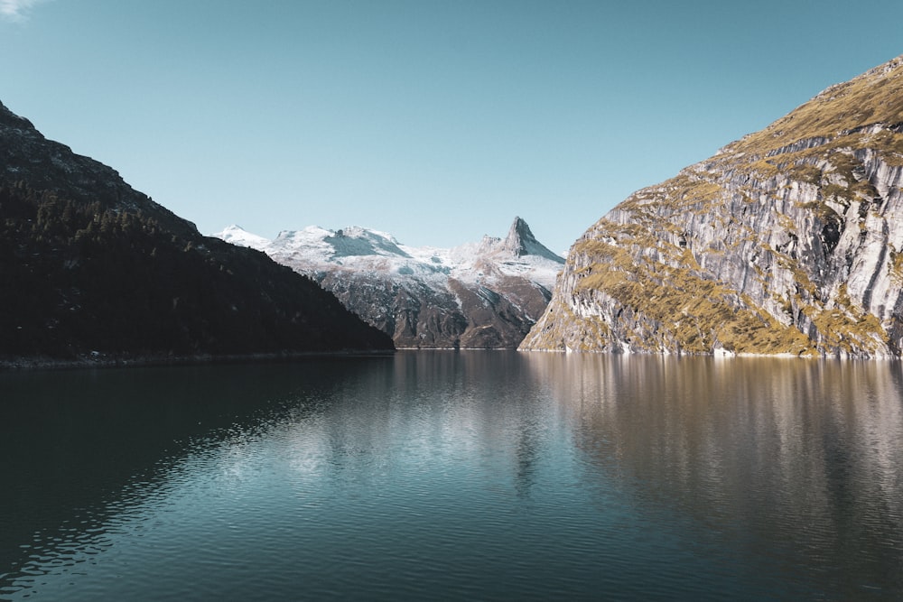 a large body of water surrounded by mountains