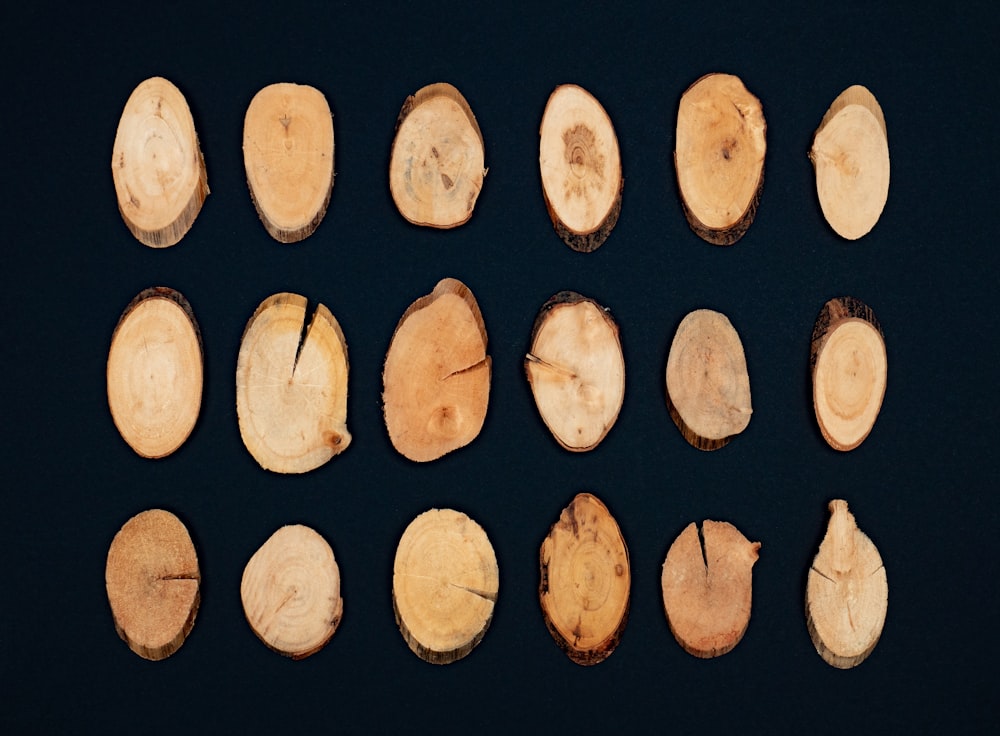 a number of slices of wood on a black surface