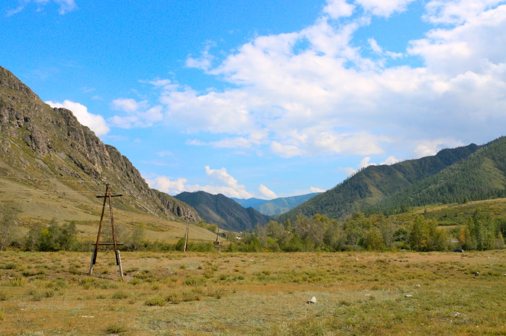 a grassy field with mountains in the background