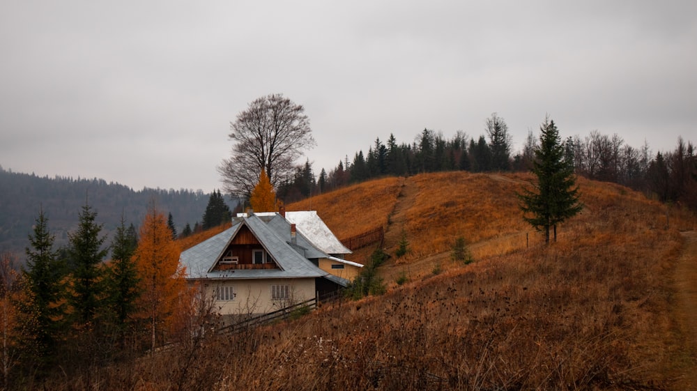 a house sitting on top of a hill next to a forest