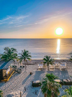the sun is setting over a beach with palm trees