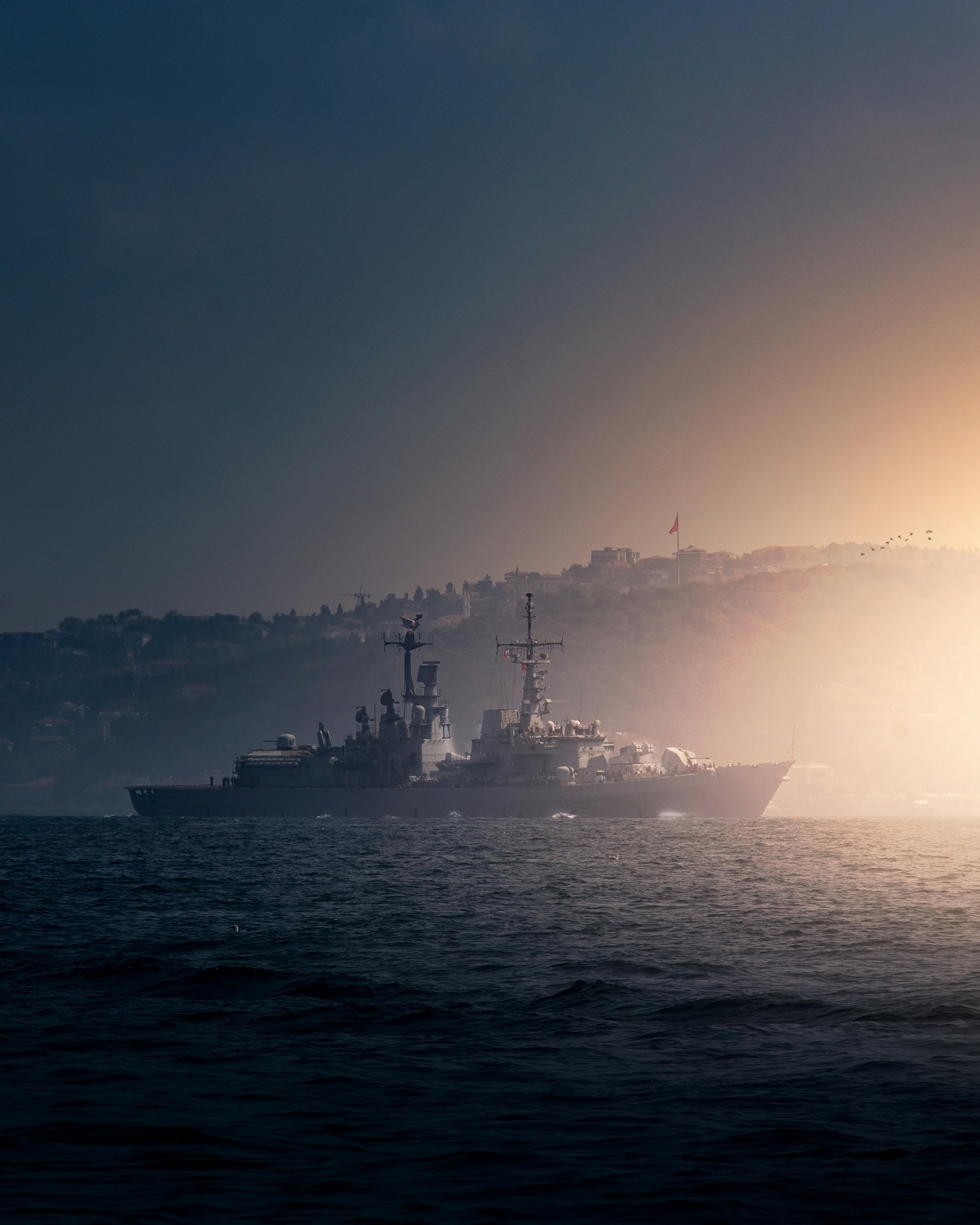 two ships in the water with a hill in the background
