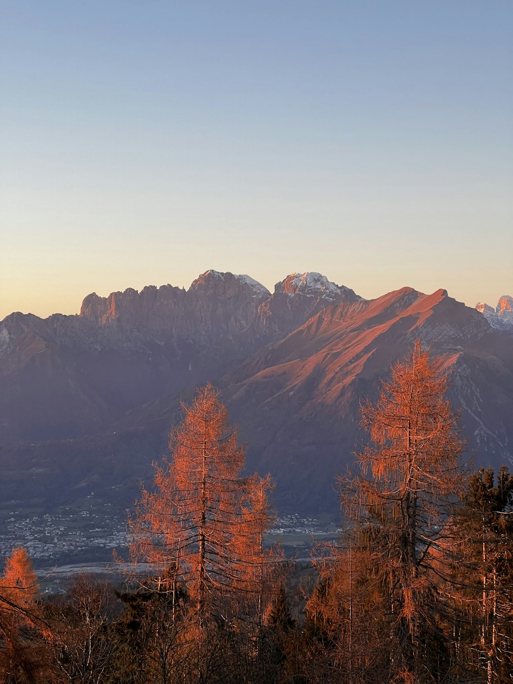 une vue d’une chaîne de montagnes avec des arbres au premier plan