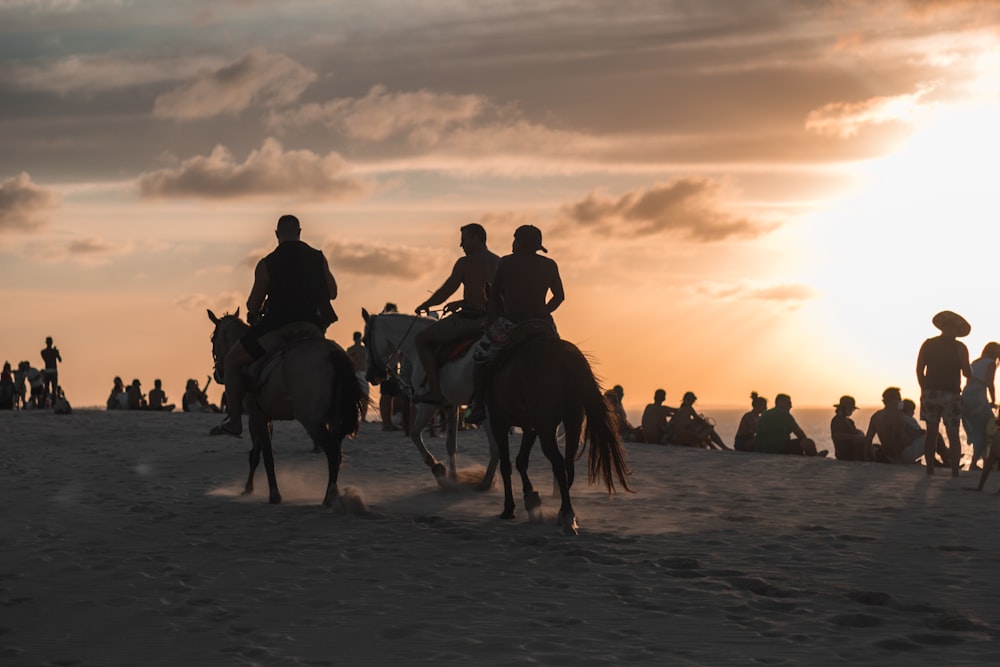 Un grupo de personas montando a caballo en una playa