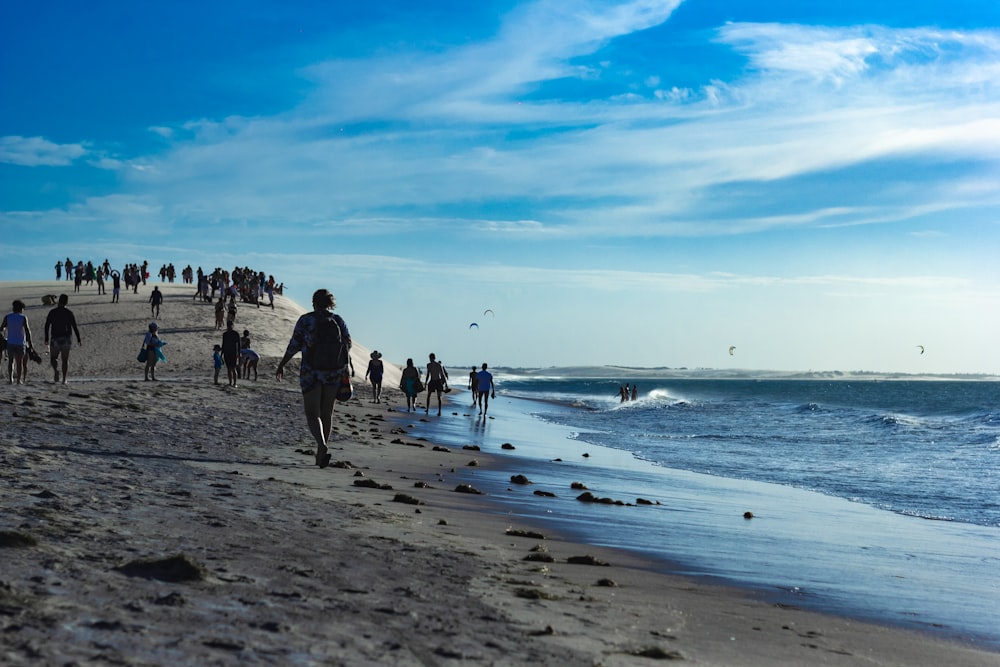 Un grupo de personas caminando por una playa junto al océano