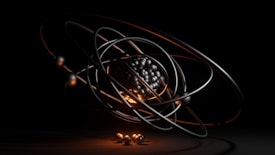 A dark, abstract, and futuristic representation of an atom, featuring a cluster of metallic spheres at the center surrounded by orbiting rings. The orange and black lighting adds a dramatic effect, emphasizing the spherical forms and giving a sense of depth.