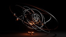 A dark, abstract, and futuristic representation of an atom, featuring a cluster of metallic spheres at the center surrounded by orbiting rings. The orange and black lighting adds a dramatic effect, emphasizing the spherical forms and giving a sense of depth.
