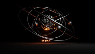 Abstract visualization of quantum symbols glowing in a dark space.