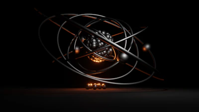 A glowing futuristic screen displaying physics video lessons with animated atoms orbiting.