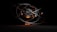 A 3D rendering of an abstract atomic structure composed of metallic rings orbiting a central cluster of spheres with glowing light effects. The scene is dark, highlighting the glowing elements and metallic sheen.