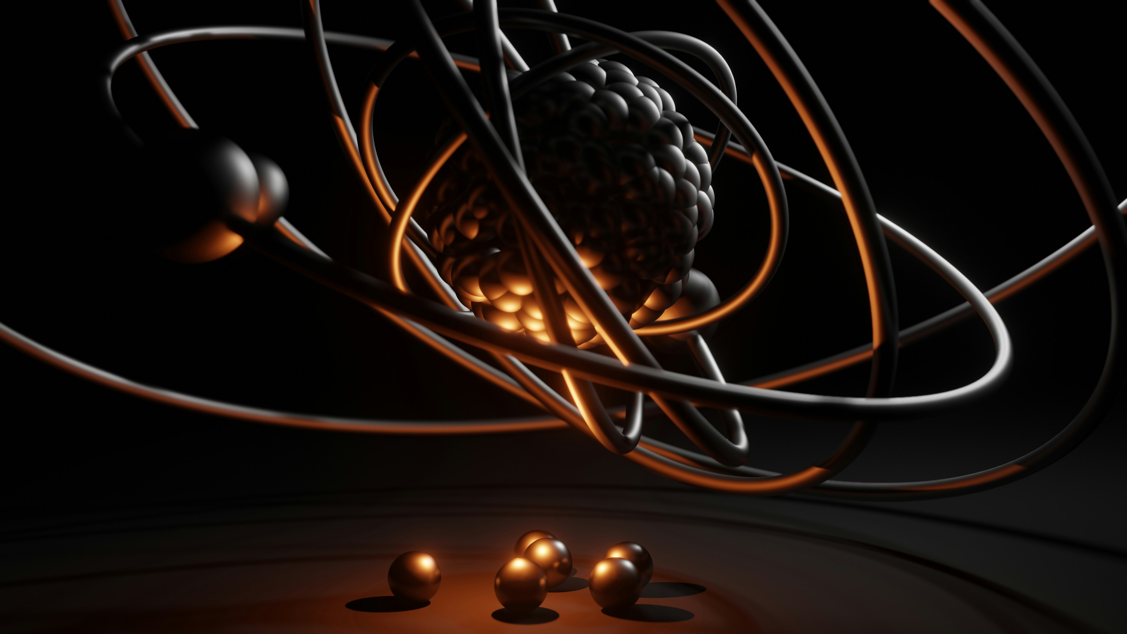 a bunch of balls and wires in the dark