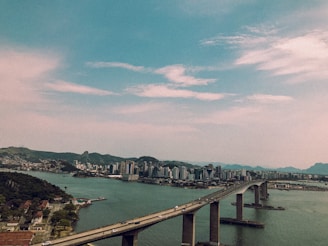 A large bridge extends across a wide body of water, connecting two land masses. To the left, residential areas with houses and greenery are visible, while to the right, a cityscape with numerous high-rise buildings is seen in the background. Rolling hills and mountains can be seen in the distance under a partly cloudy sky.