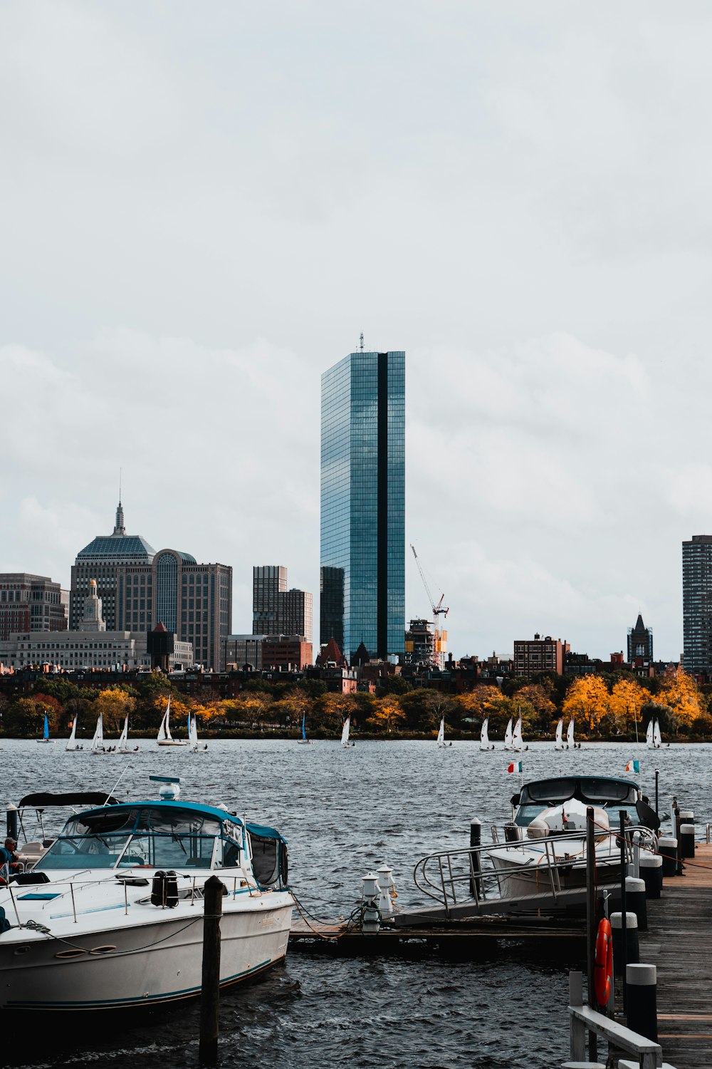 a harbor with boats and a city in the background