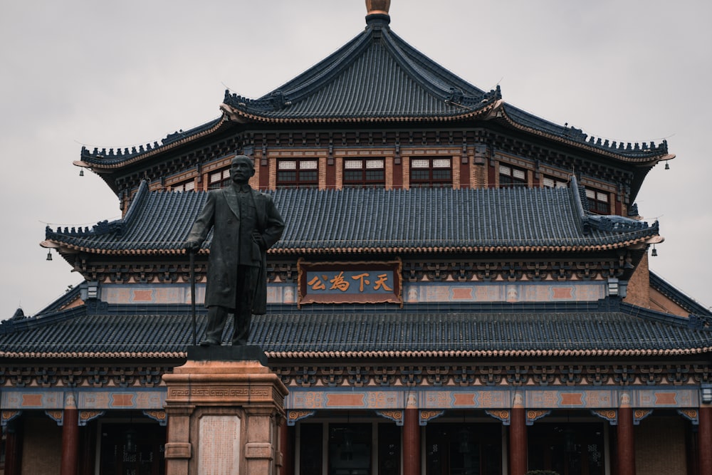 a statue of a man standing on top of a building