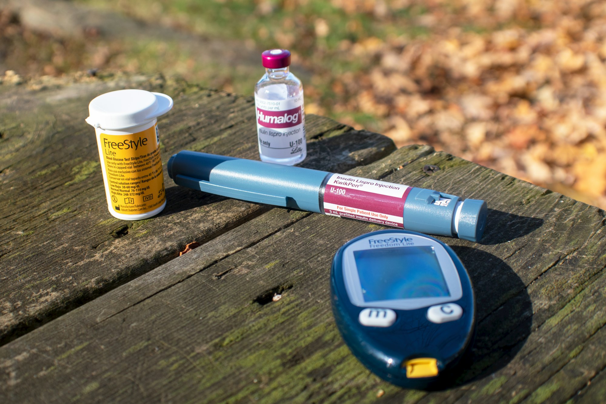 A friends Humalog (Insulin Lispro) insulin pen, Humalog (Insulin Lispro) vial, and FreeStyle Freedom Lite blood glucose meter.